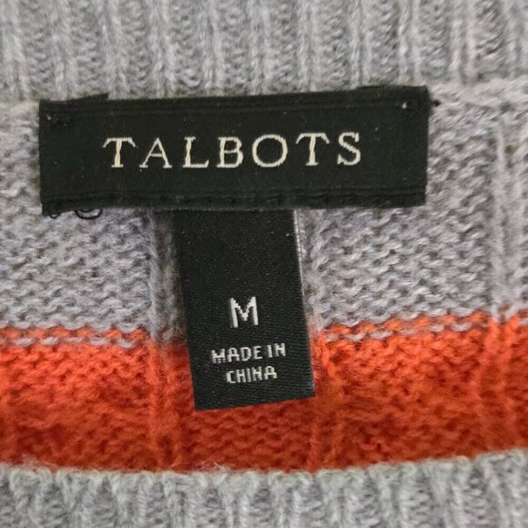 Talbots Gray Orange Autumnal CableKnit Lambswool Blend Scoop Neck Sweater Size M - Picture 5 of 6